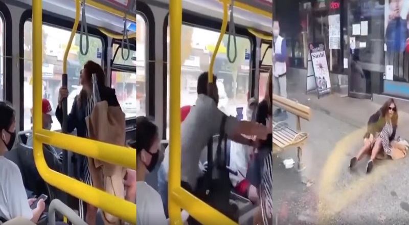 On a public transit bus, a woman entered, standing on the bus, not wearing a mask. The man sitting in front of her shouted "disgusting" at her, prompting the woman to spit on him. Angry, the man got up, punched the woman, and then shoved her off the bus, leading to her falling onto the pavement.