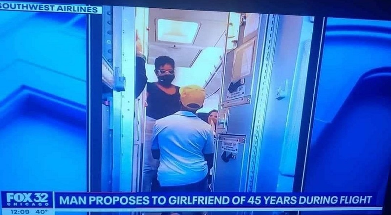 On a flight, a man decided to surprise his longtime girlfriend. The two had been together 45 years, so girlfriend almost isn't even the right word. Whatever the case, while she was on her way to the bathroom, the man proposed to her.
